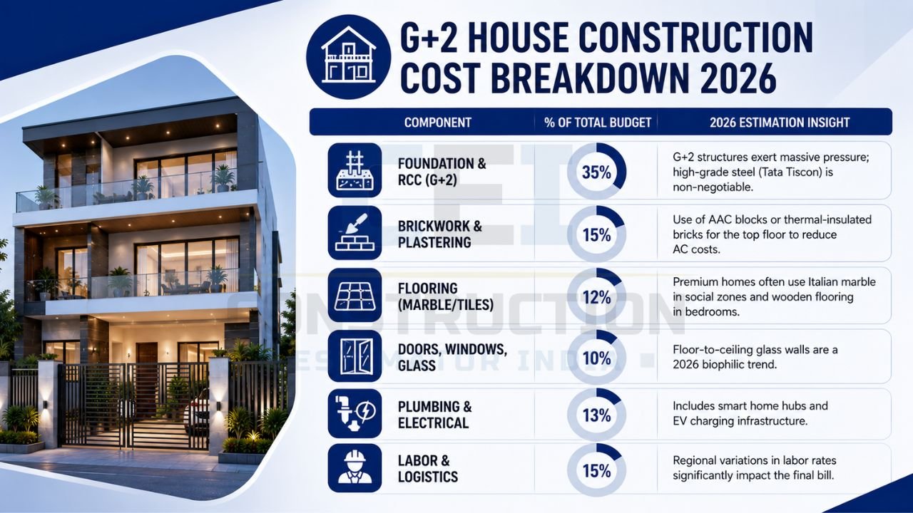 Infographic showing G+2 house construction budget allocation for foundation, RCC, brickwork, flooring, doors, plumbing, electrical work, and labor with 2026 insights.