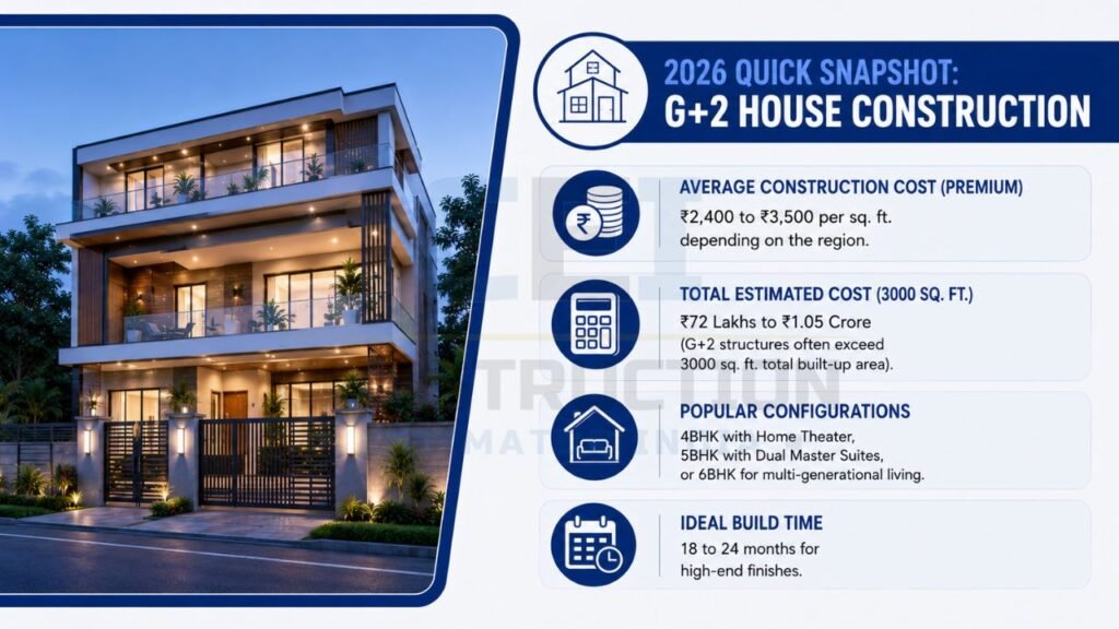 Quick snapshot infographic of G+2 house construction showing average cost, total project budget, popular layouts, and estimated construction timeline.
