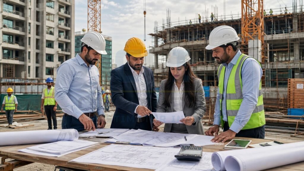 Construction project planning meeting at a building site with engineers, architects, and contractors reviewing blueprints and construction documents