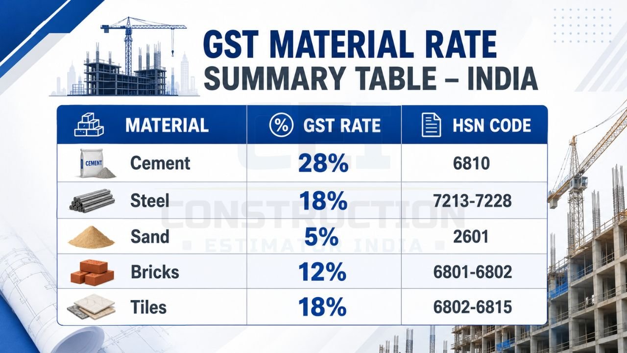 GST rates on construction materials in India including cement, steel, sand, bricks, and tiles with HSN codes and tax percentages