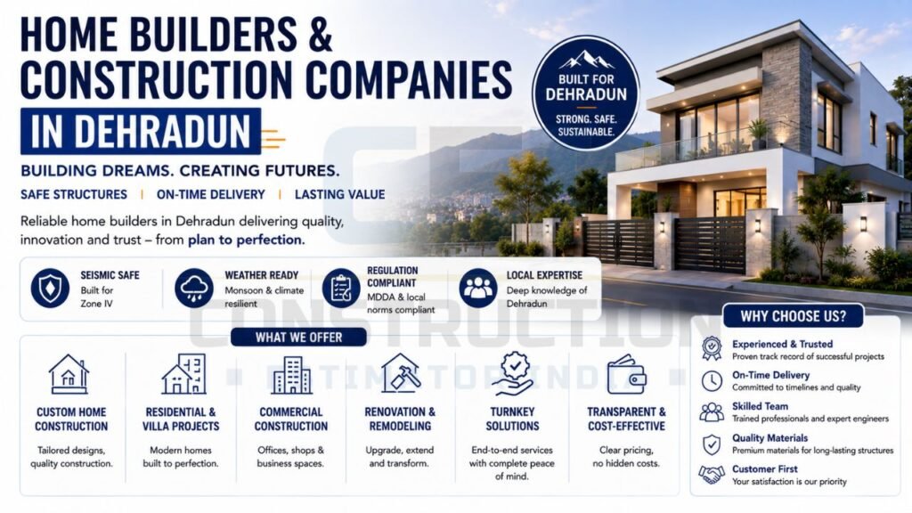 Professional home builders and construction companies in Dehradun offering custom homes, villa construction, commercial projects, renovation services, and turnkey solutions.