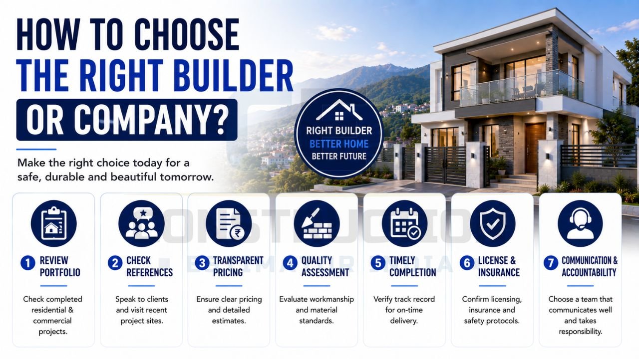 Guide for choosing the right builder or construction company based on portfolio, references, pricing, quality standards, project completion, licensing, and communication.