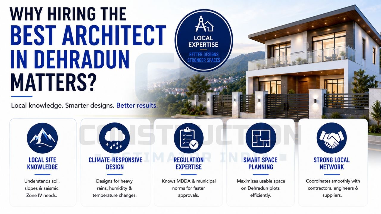 Benefits of hiring a local architect in Dehradun including climate-responsive design, regulation expertise, smart planning, site knowledge, and contractor coordination.