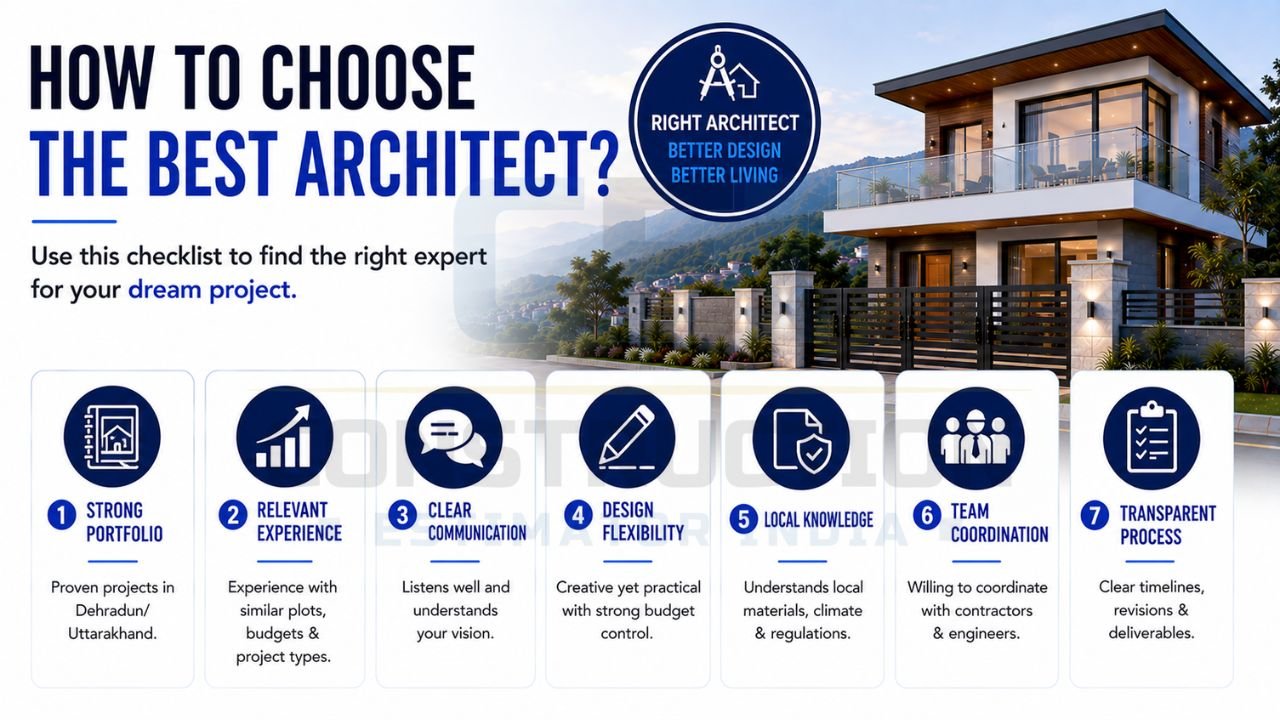 Checklist for choosing the best architect based on portfolio, experience, communication, design flexibility, local knowledge, team coordination, and transparent processes.