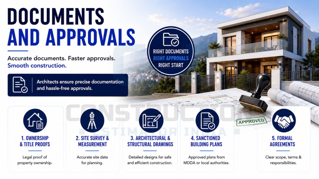 Documents and approvals required for house construction in Dehradun including ownership proofs, site surveys, architectural drawings, sanctioned plans, and construction agreements.