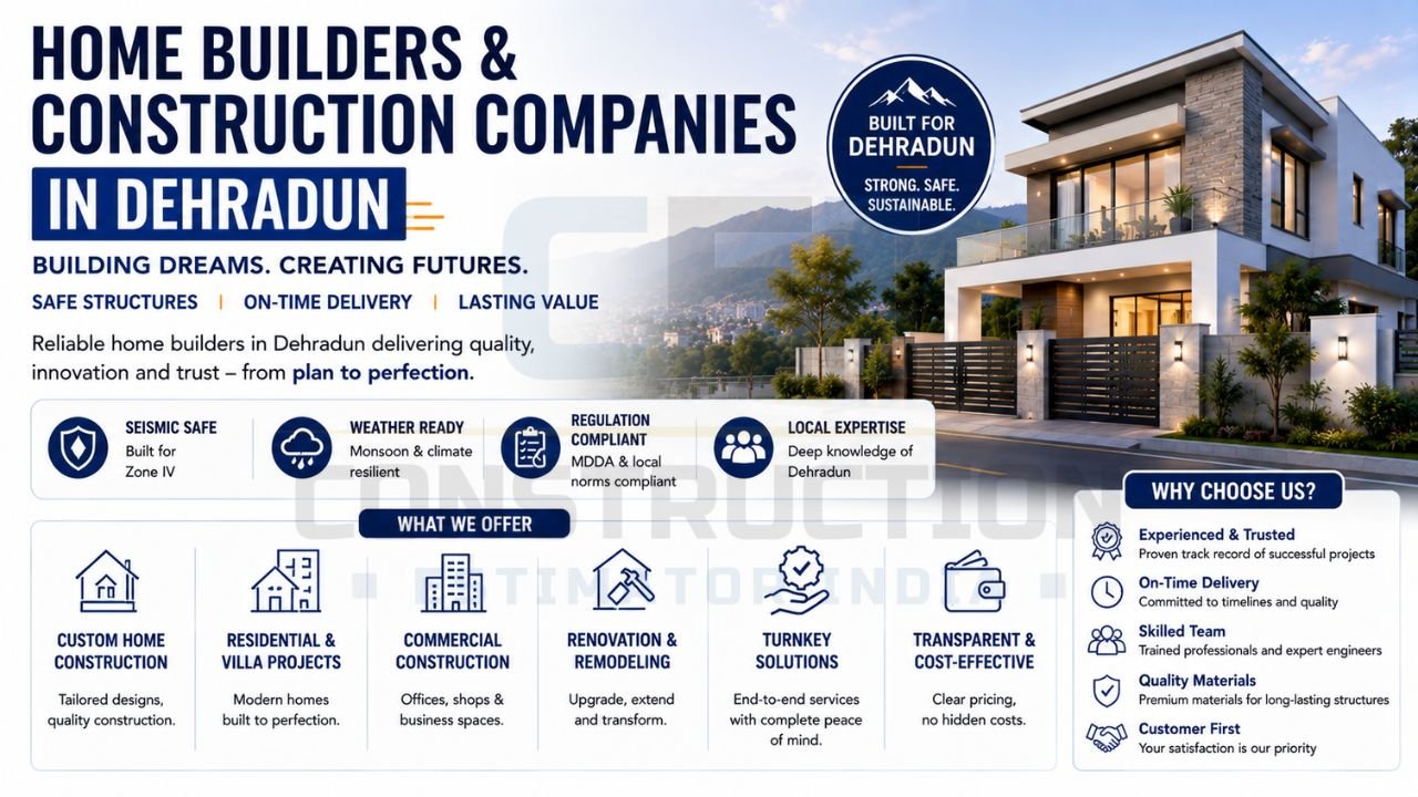 Professional home builders and construction companies in Dehradun offering custom homes, villa construction, commercial projects, renovation services, and turnkey solutions.