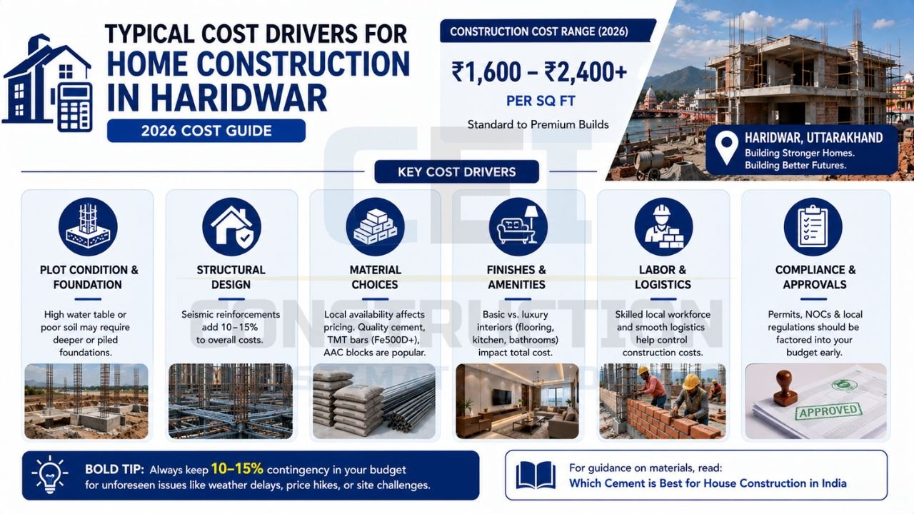 Home construction cost guide infographic showing foundation costs, structural design, material selection, finishes, labor expenses, and approval costs.