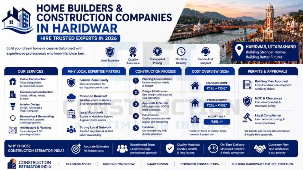 Home builders and construction companies infographic featuring residential construction services, approvals, design planning, renovation, and construction cost estimates in Haridwar.