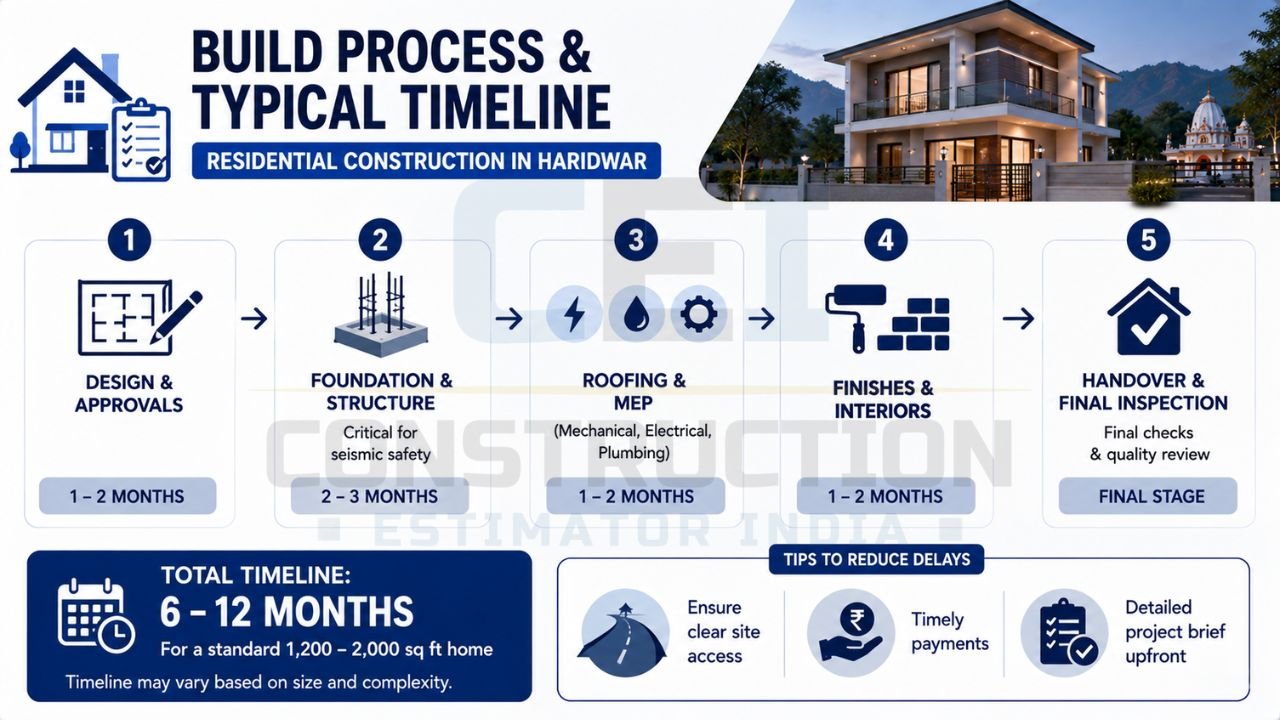 Residential construction timeline infographic showing design, foundation, MEP installation, interior finishing, and final handover stages in Haridwar.