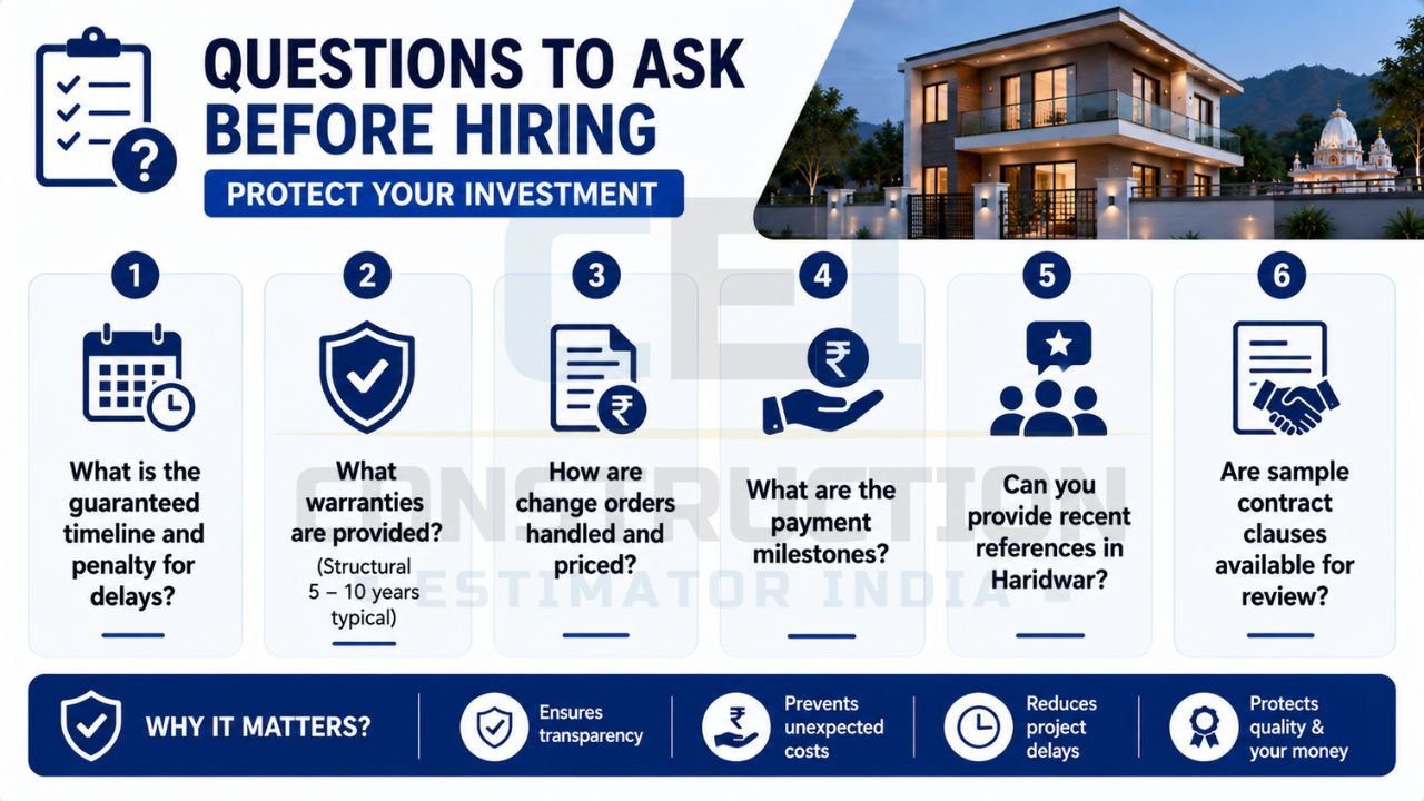Construction hiring checklist infographic showing important questions about project timelines, warranties, payment milestones, references, contracts, and change orders.