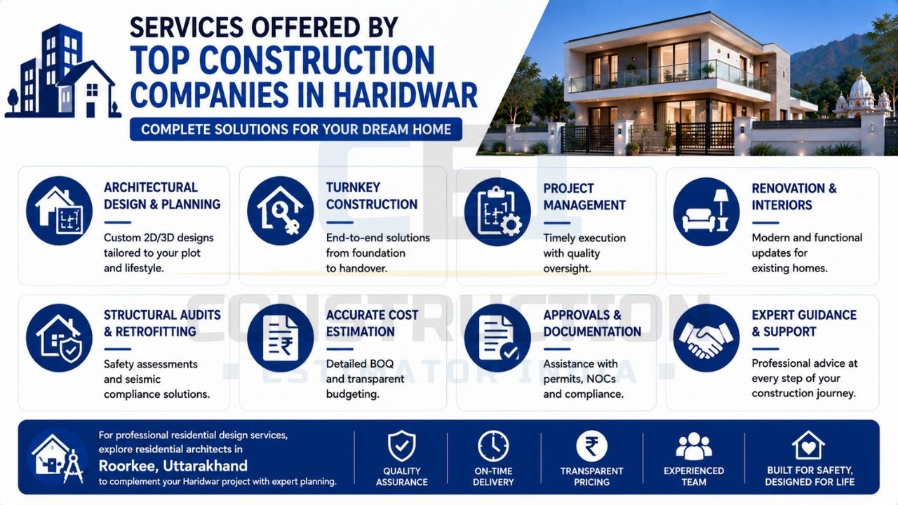 Construction services infographic highlighting architectural design, turnkey construction, project management, renovation, structural audits, cost estimation, approvals, and construction consulting in Haridwar.