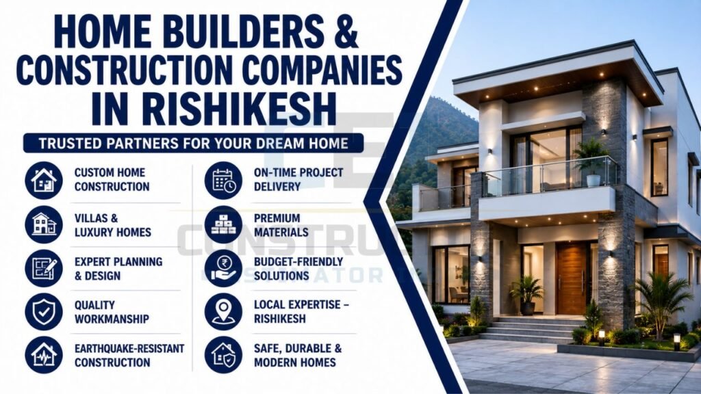 Modern luxury home in Rishikesh highlighting professional home construction services, custom house building, premium materials, expert planning, and earthquake-resistant construction.