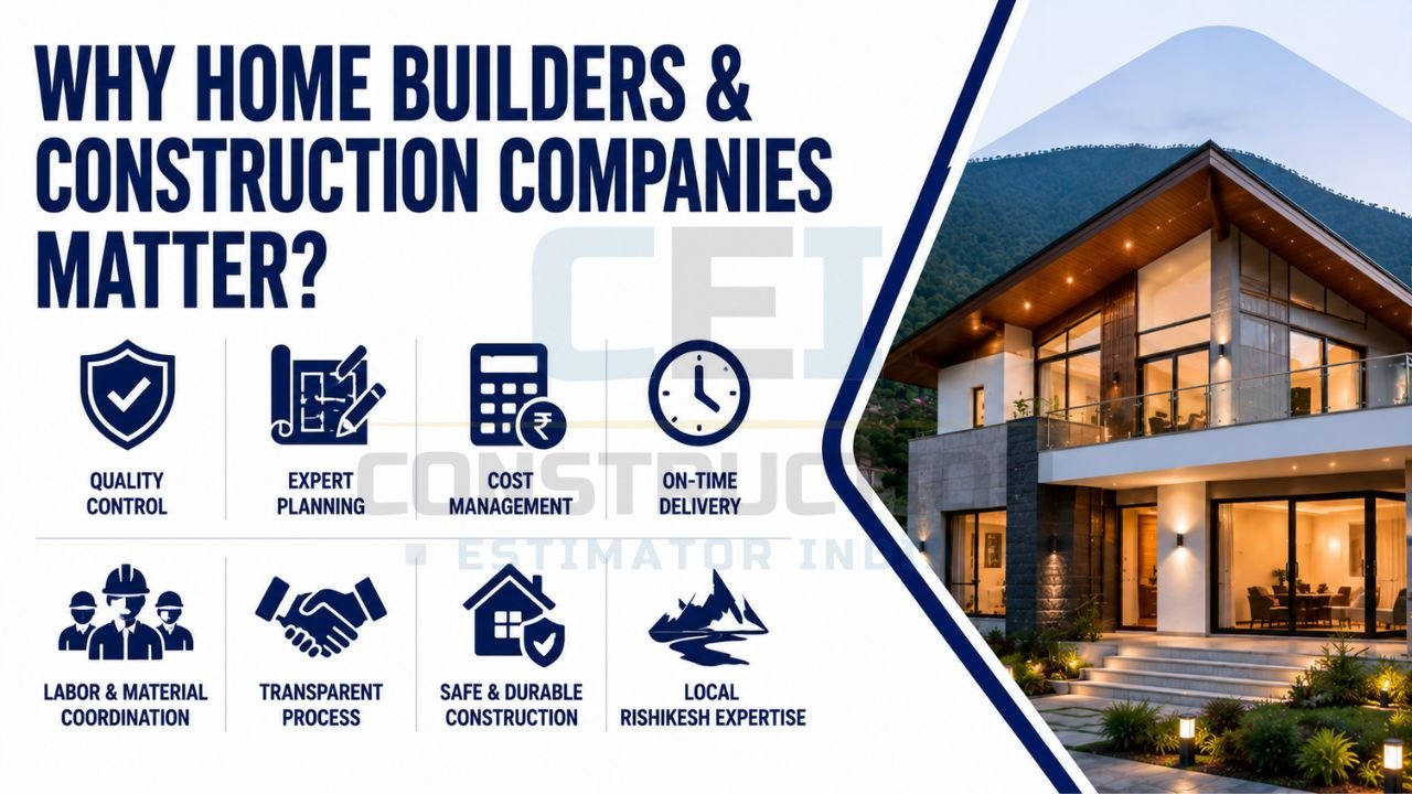 Infographic explaining the importance of professional home builders and construction companies, including quality control, planning, cost management, timely delivery, and durable construction.
