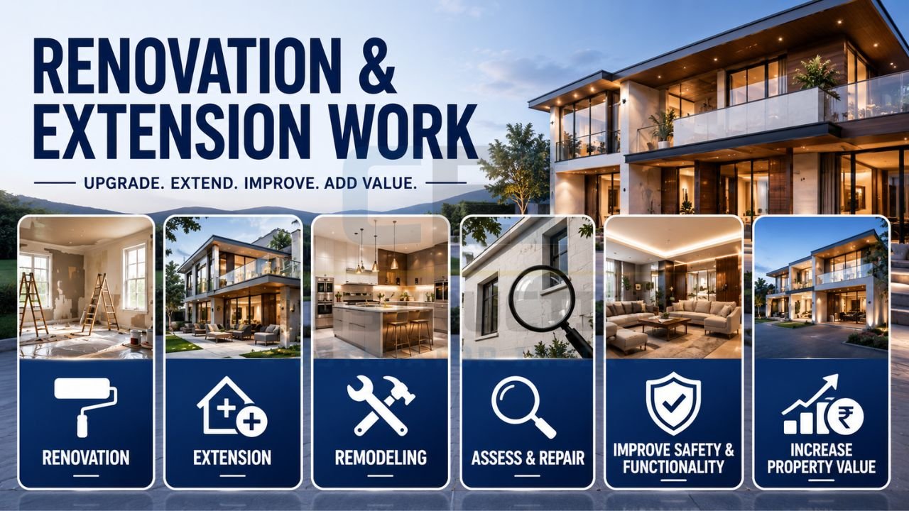 Home renovation and extension work infographic showcasing remodeling, property expansion, repairs, modernization, safety improvements, and property value enhancement.