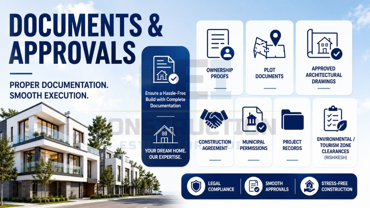 Construction documentation and approvals infographic featuring ownership proofs, plot documents, architectural drawings, municipal permissions, agreements, and project records for legal construction.
