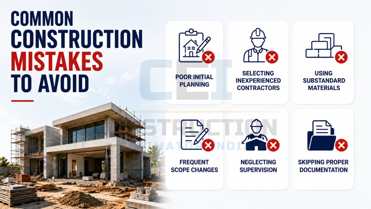 Construction mistakes infographic showing common errors such as poor planning, inexperienced contractors, substandard materials, scope changes, lack of supervision, and improper documentation during home construction.
