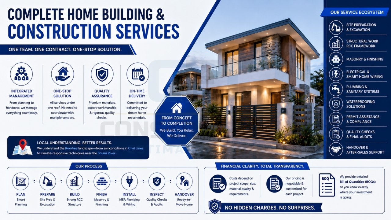 Complete home building and construction services for residential projects with turnkey execution and quality assurance.