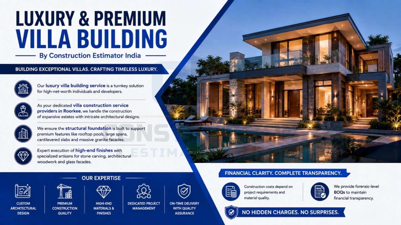 Luxury and premium villa construction services featuring custom architecture, high-end finishes, premium materials, and turnkey project delivery.