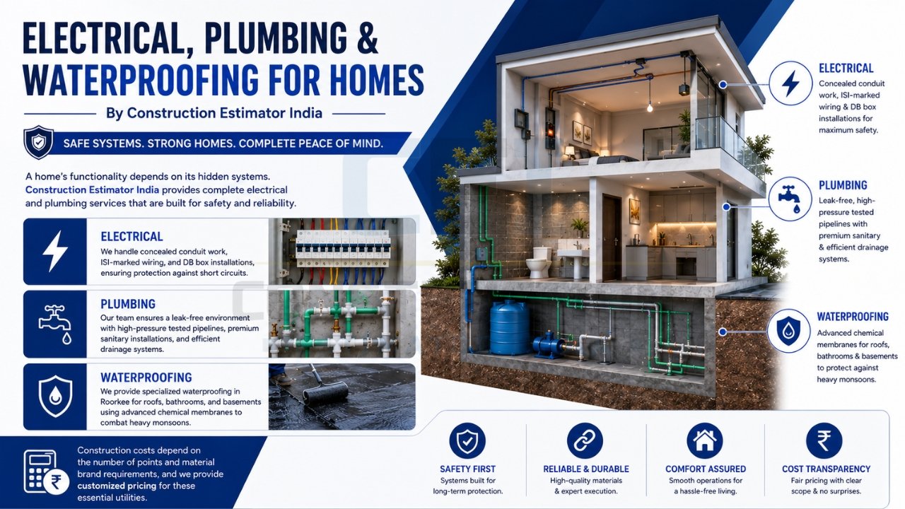 Electrical, plumbing, and waterproofing services for homes with safe utility systems and durable infrastructure.