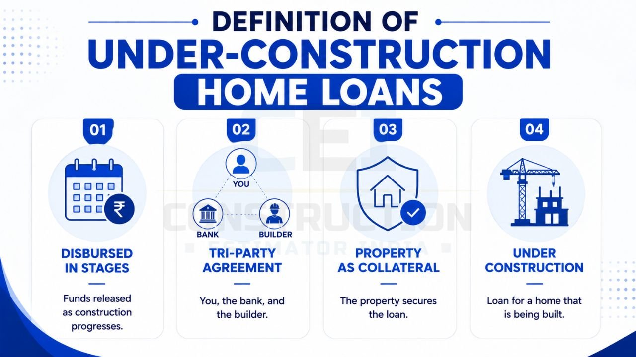 Definition of under-construction home loans in India including stage-wise loan disbursement, tri-party agreement, property collateral, and ongoing construction financing