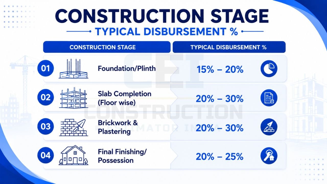 Construction stage-wise home loan disbursement percentages in India showing fund release at foundation, slab completion, brickwork, plastering, and final possession stages