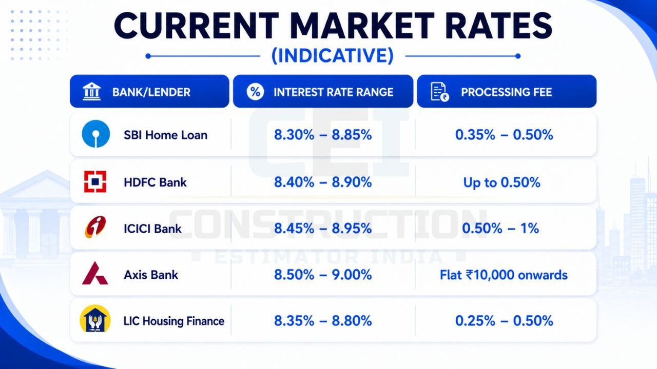 Current market rates for home loans in India showing interest rate ranges and processing fees offered by SBI, HDFC Bank, ICICI Bank, Axis Bank, and LIC Housing Finance