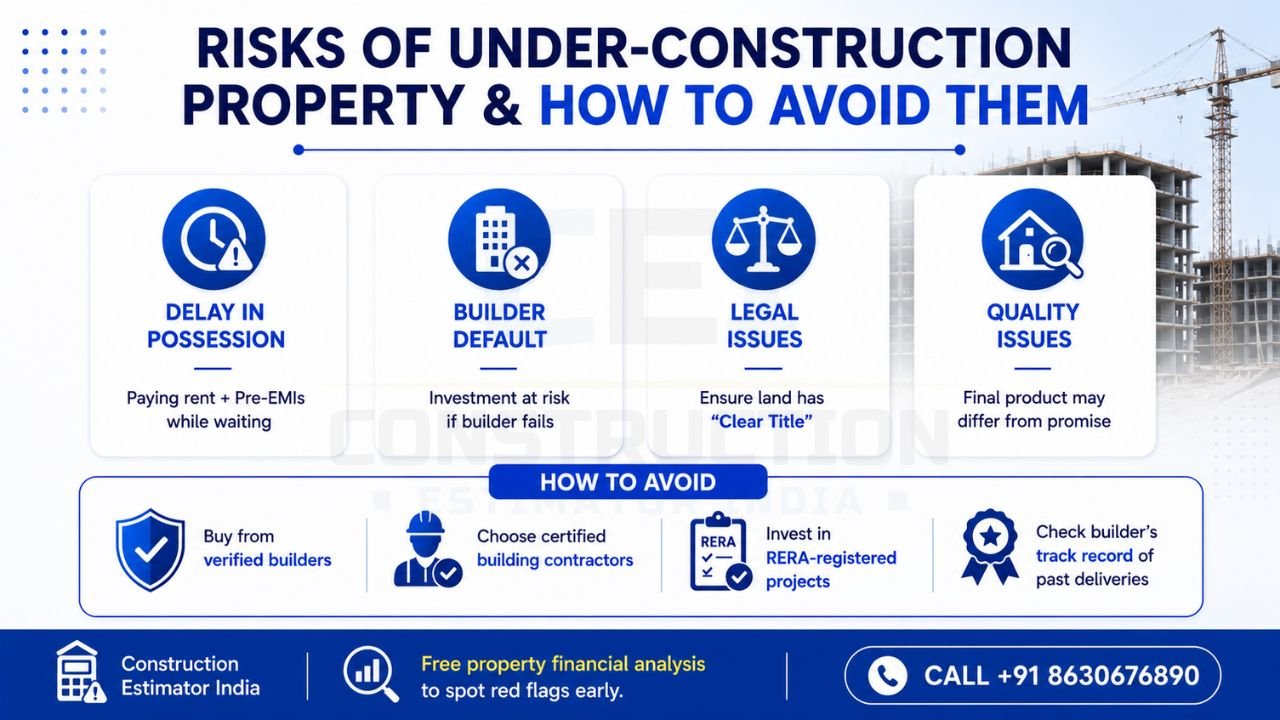Risks of buying under-construction property in India including possession delays, builder default, legal issues, and construction quality concerns, with tips to reduce investment risk