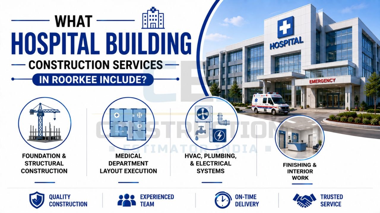 Hospital construction services infographic showing foundation work, structural construction, medical department layouts, HVAC systems, plumbing, electrical installations, and interior finishing.
