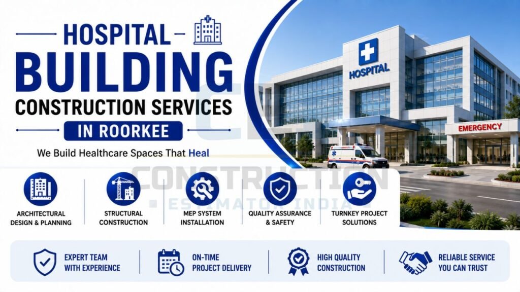 Modern hospital building with emergency facilities showcasing architectural planning, structural construction, MEP systems, quality assurance, and turnkey hospital construction solutions.