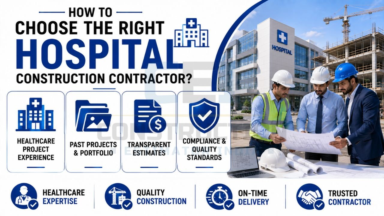 Construction professionals reviewing hospital building plans with key contractor selection criteria including experience, portfolio, estimates, and quality compliance.