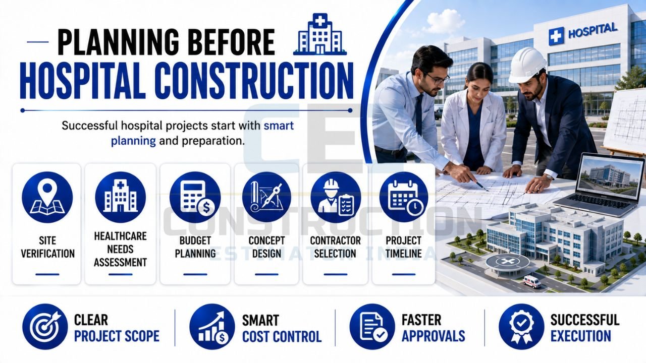 Hospital planning infographic showing site verification, healthcare needs assessment, budget planning, concept design, contractor selection, and project scheduling.