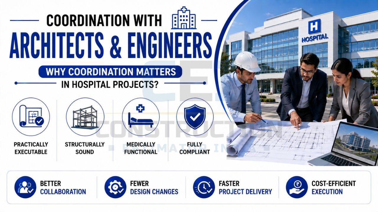 Architects, engineers, and healthcare professionals reviewing hospital construction plans to ensure compliance, functionality, and structural integrity.