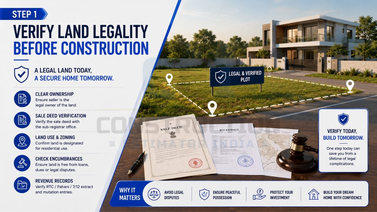 Verify land legality before construction with ownership checks, sale deed verification, zoning approval, and revenue record validation