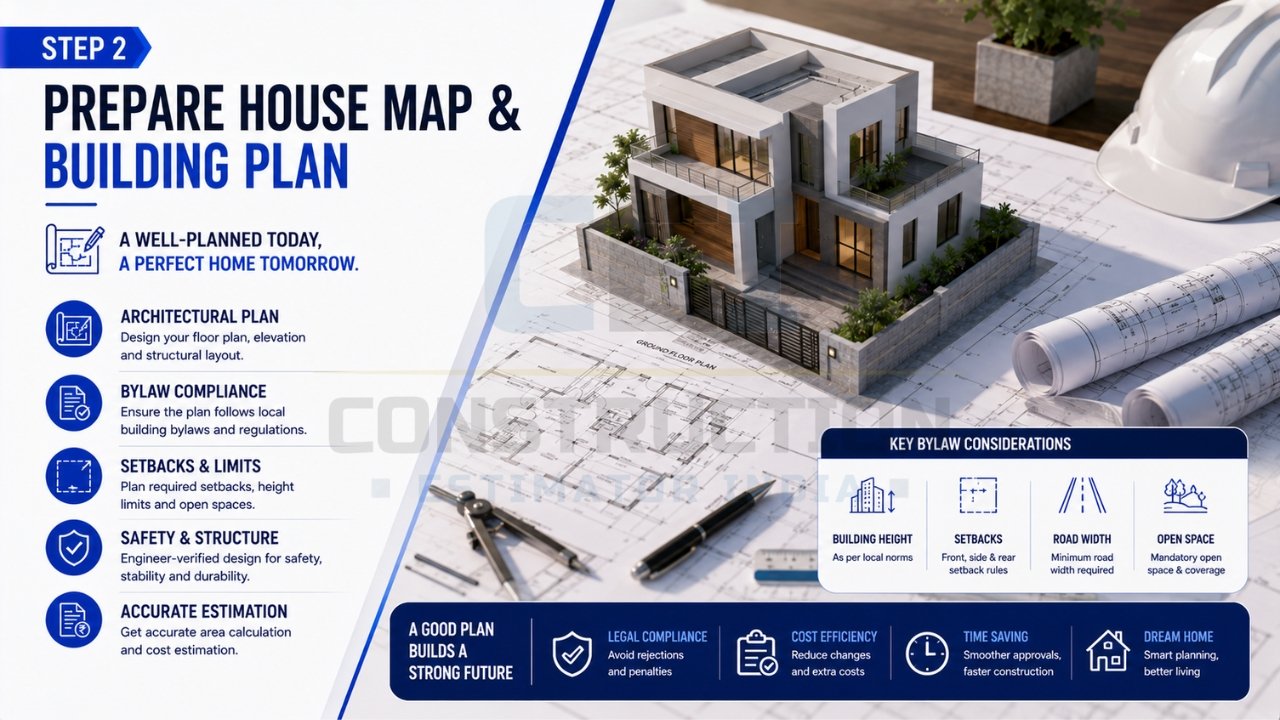 Prepare house map and building plan with architectural design, bylaw compliance, setbacks, structural safety, and cost estimation