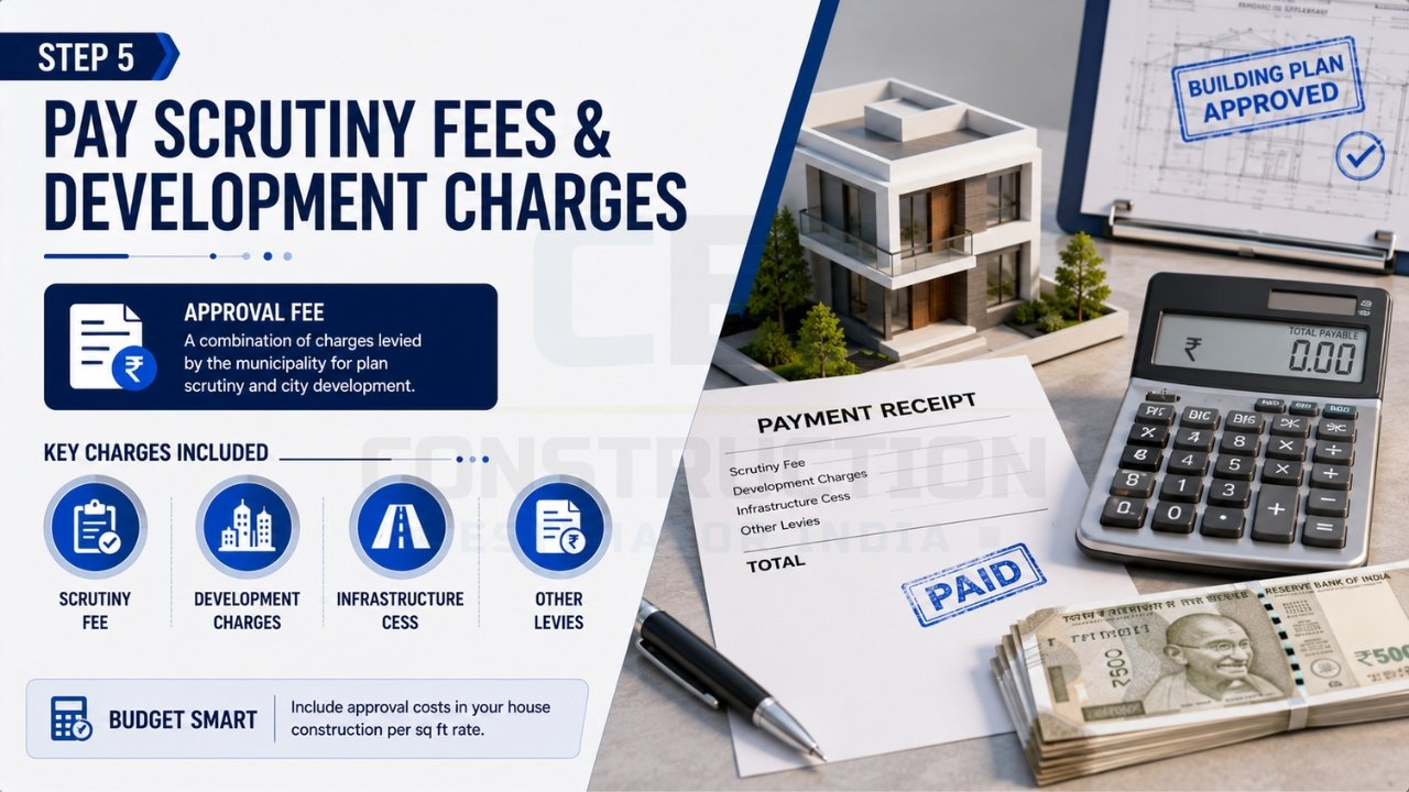 Pay scrutiny fees and development charges for house construction approval including scrutiny fee, development charges, infrastructure cess, and municipal levies