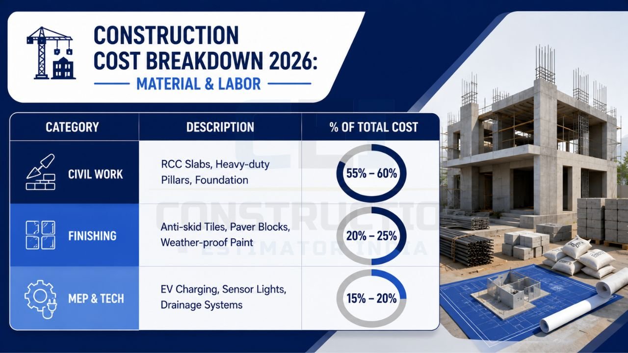 Construction cost breakdown infographic showing civil work, finishing, MEP services, and percentage of total building cost with an under-construction house.