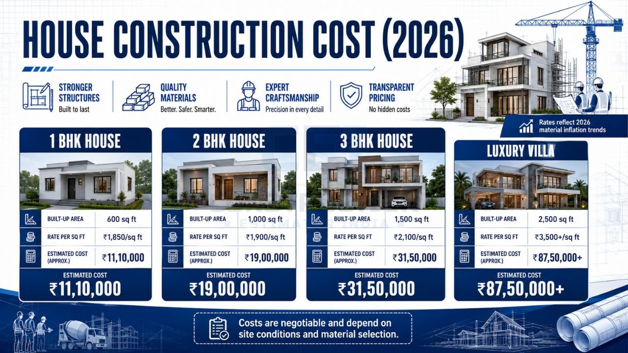 House construction cost in India 2026 showing estimated costs for 1 BHK, 2 BHK, 3 BHK houses and luxury villas based on built-up area and rate per square foot