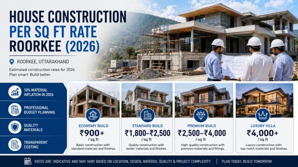 House construction per square foot rate in Roorkee 2026 showing economy, standard, premium, and luxury villa construction costs with building contractors