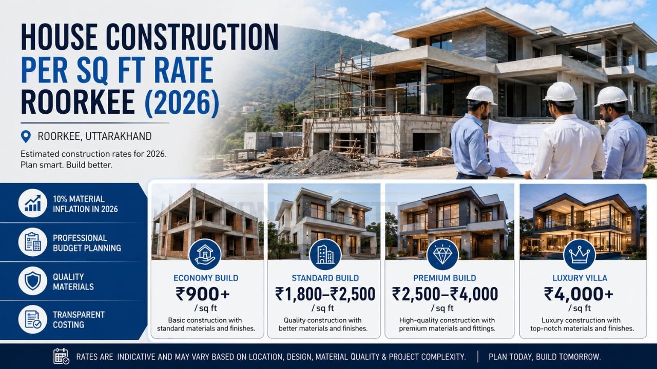 House construction per square foot rate in Roorkee 2026 showing economy, standard, premium, and luxury villa construction costs with building contractors
