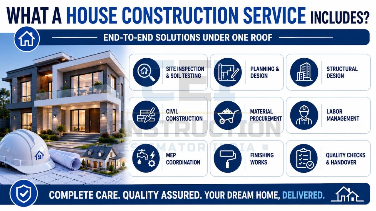 Infographic outlining complete house construction services including site inspection, planning, structural design, civil construction, material procurement, labor management, finishing works, and quality checks.