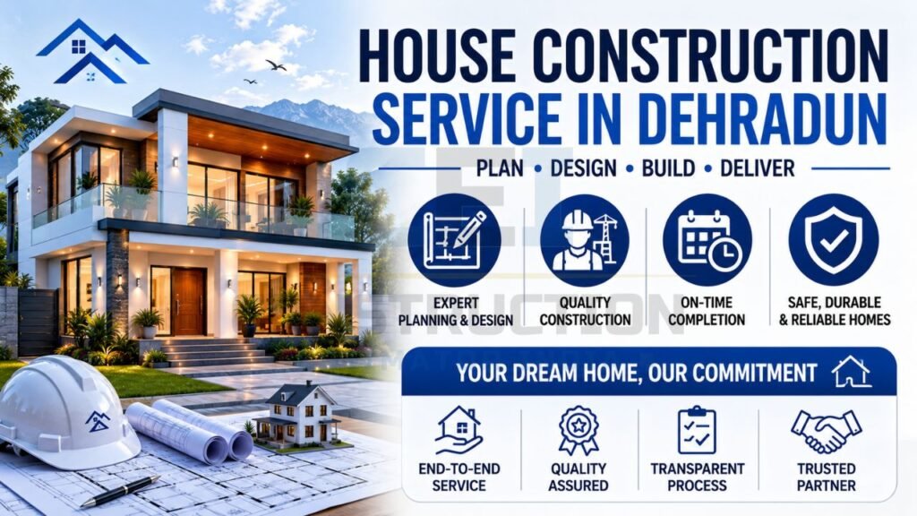 Infographic promoting house construction services in Dehradun featuring planning, design, construction, timely delivery, quality assurance, and end-to-end project support.