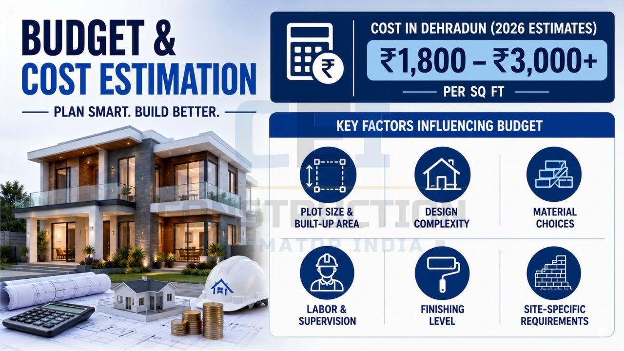 Infographic explaining house construction budget and cost estimation in Dehradun, including cost per square foot and factors such as plot size, design, materials, labor, finishing, and site conditions.