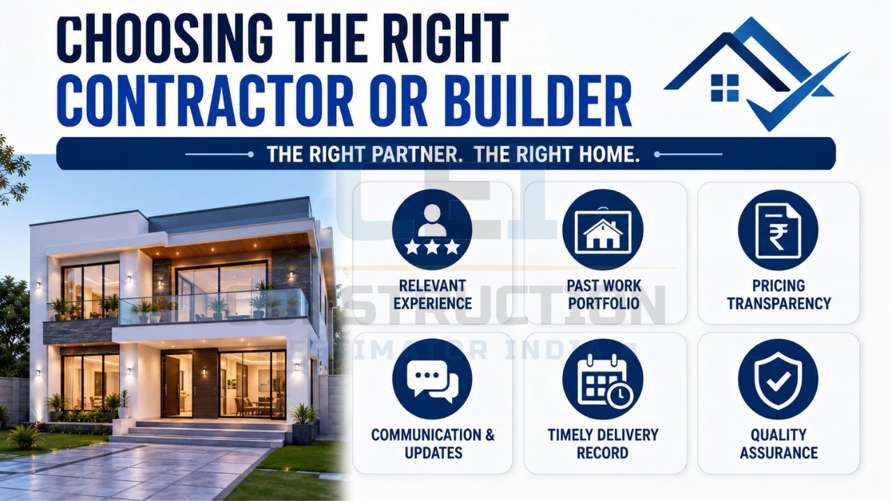 Infographic showing key factors for selecting the right contractor or builder, including experience, portfolio, pricing transparency, communication, timely delivery, and quality assurance.