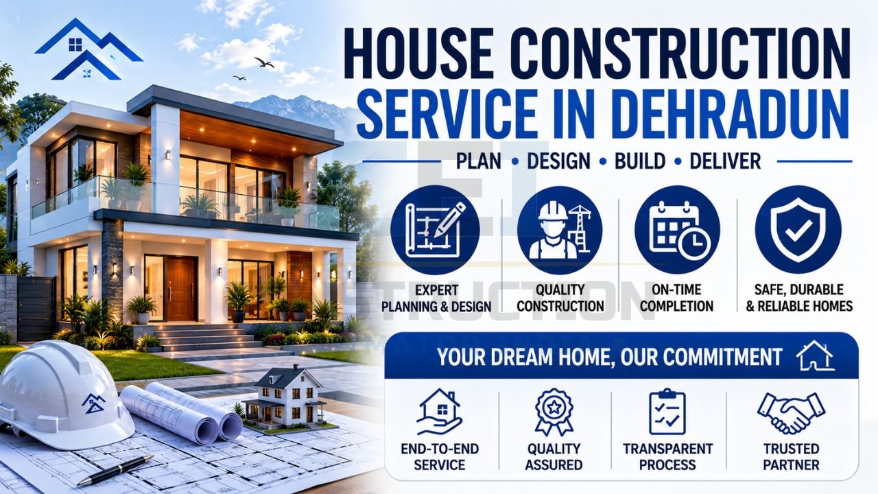 Infographic promoting house construction services in Dehradun featuring planning, design, construction, timely delivery, quality assurance, and end-to-end project support.