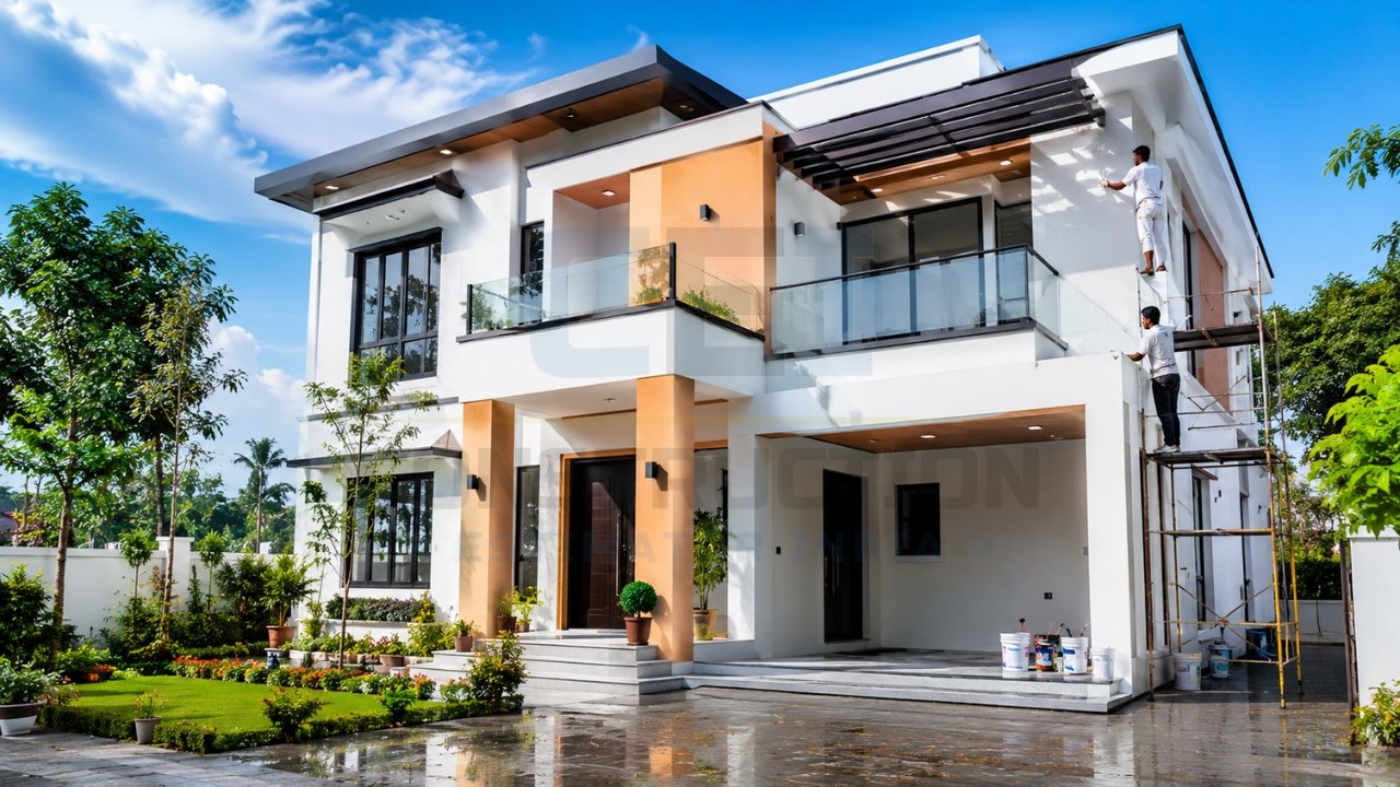 Exterior house painting in progress on a modern two-story home with painters applying fresh paint to the façade.