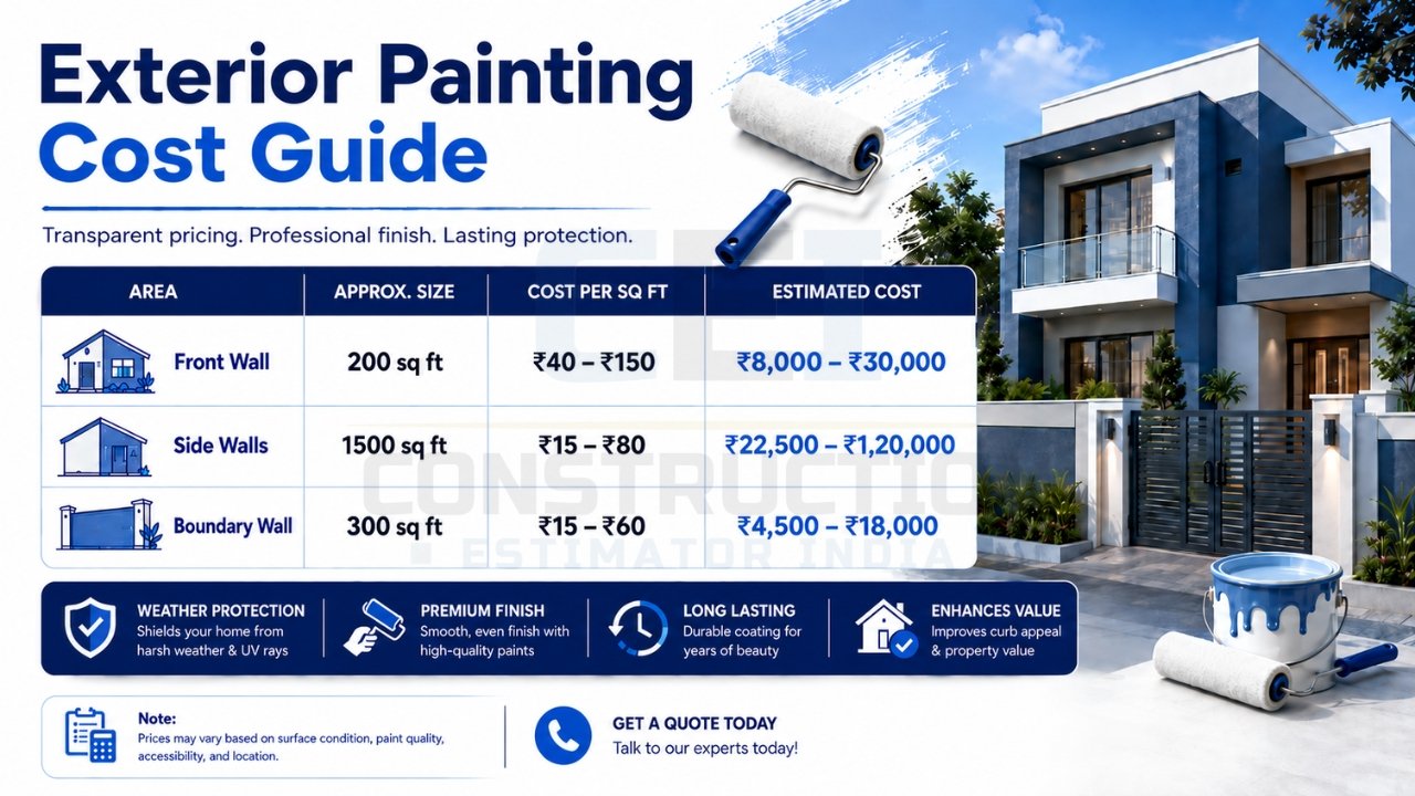 Exterior painting cost guide infographic showing front wall, side wall, and boundary wall painting costs with rates per square foot.