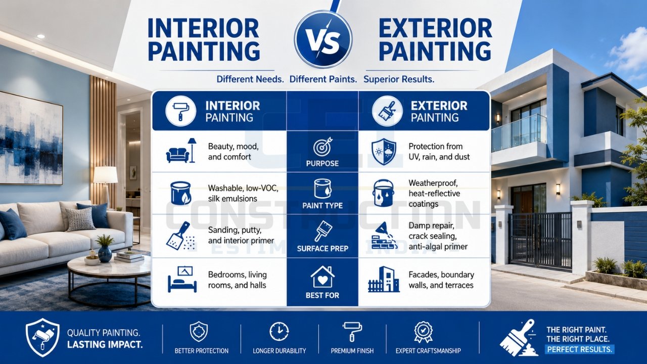 Interior vs exterior painting comparison infographic showing differences in purpose, paint type, surface preparation, and best-use areas.