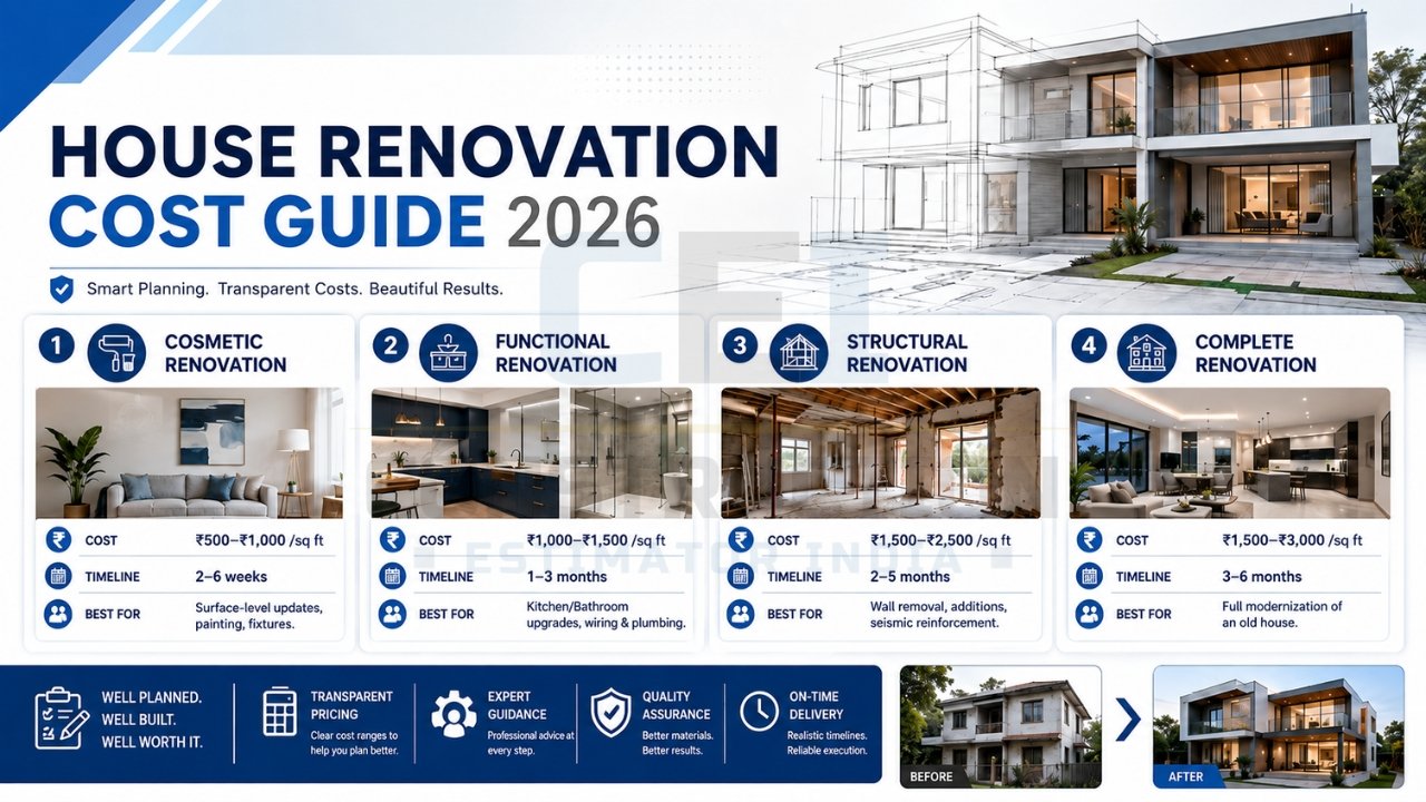 House renovation cost guide 2026 infographic showing cosmetic, functional, structural, and complete renovation costs.