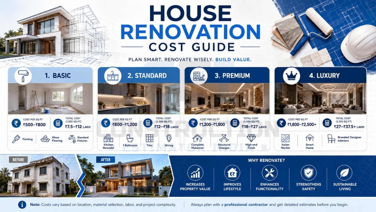 House renovation cost guide infographic comparing basic, standard, premium, and luxury renovation packages with pricing and features.
