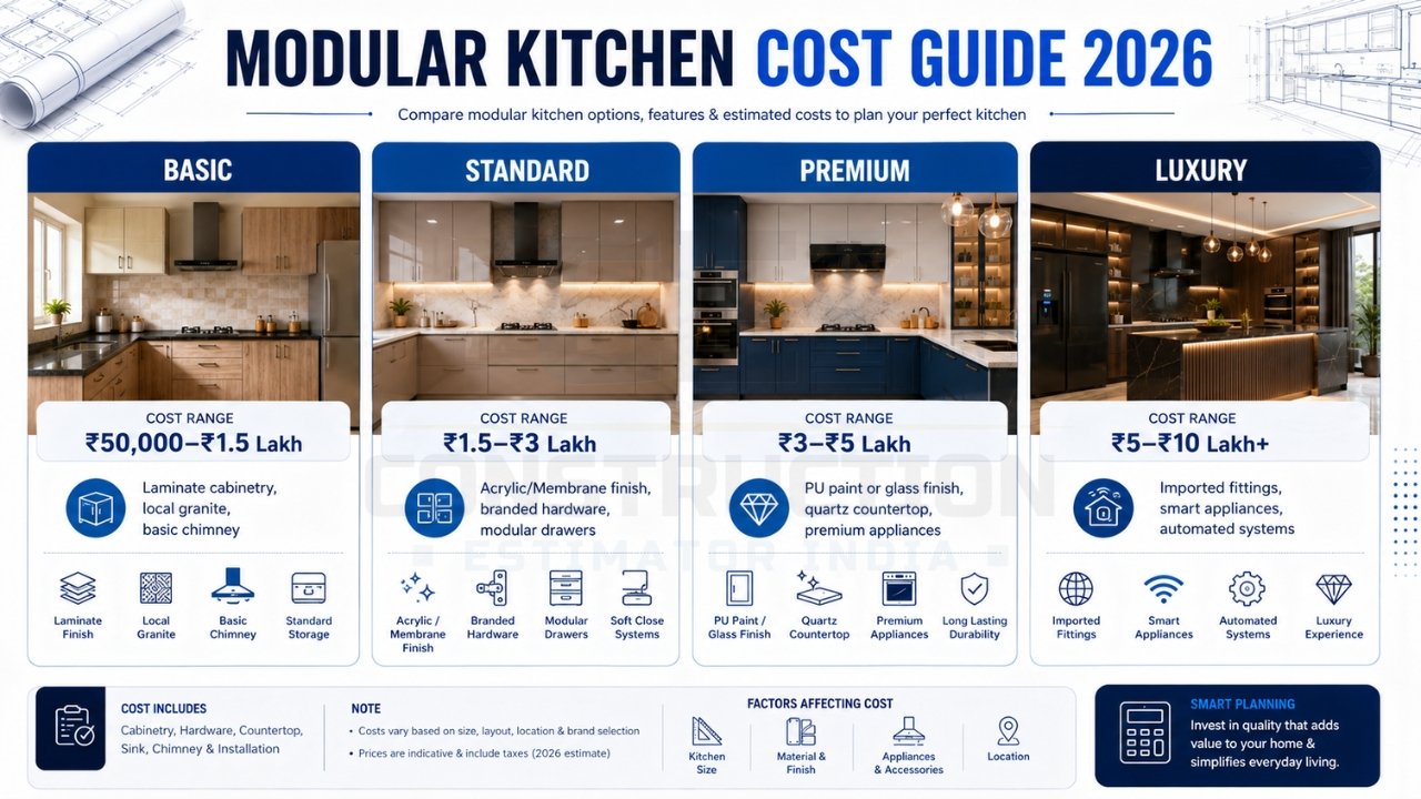 Modular kitchen cost guide 2026 infographic comparing basic, standard, premium, and luxury kitchen options with estimated pricing.